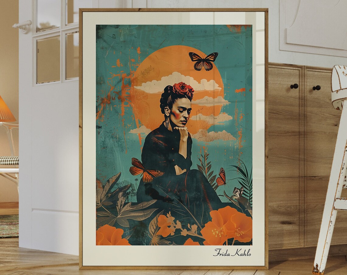 Retro Frida Kahlo Poster, Maximalist Feminist Art Print