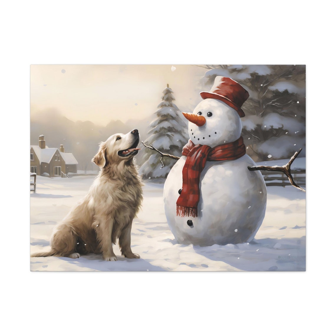 Golden Retriever Dog with Snowman Winter Christmas Scene Poster - Image 3