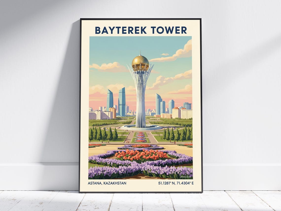 Bayterek Tower Astana Kazakhstan Skyline Vintage Travel Poster