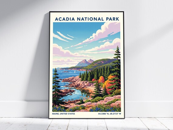 Acadia National Park Maine Rocky Coast Fall Foliage Travel Poster