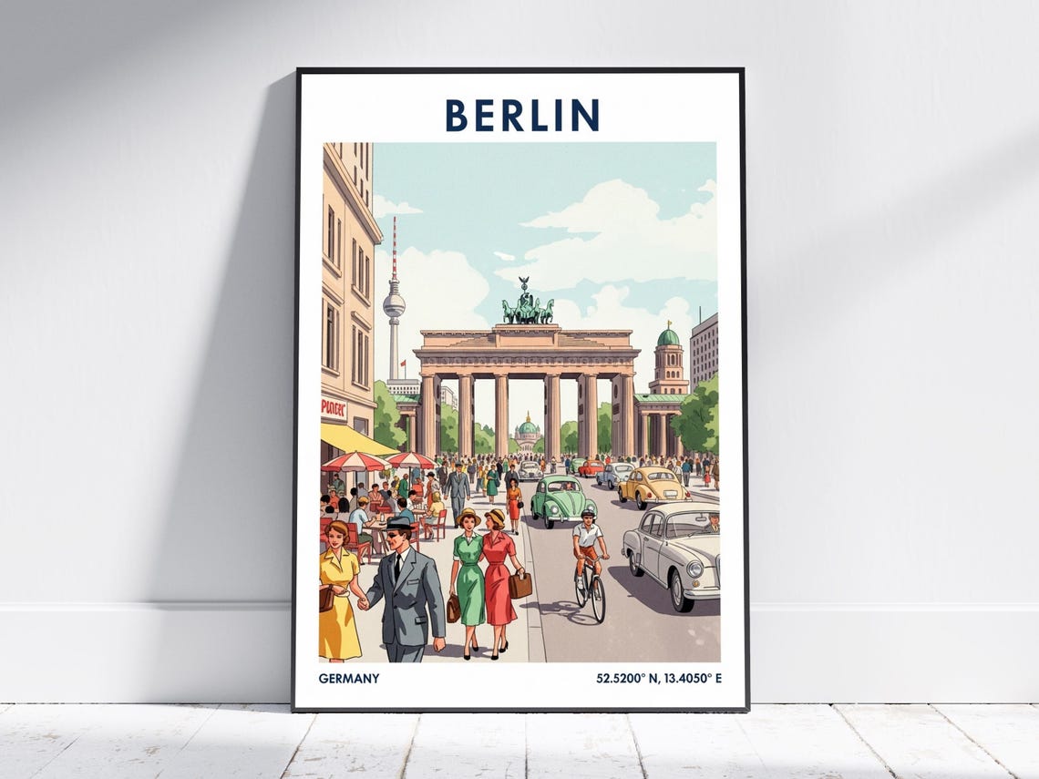 Berlin Germany Brandenburg Gate 1960s Street Vintage Travel Poster