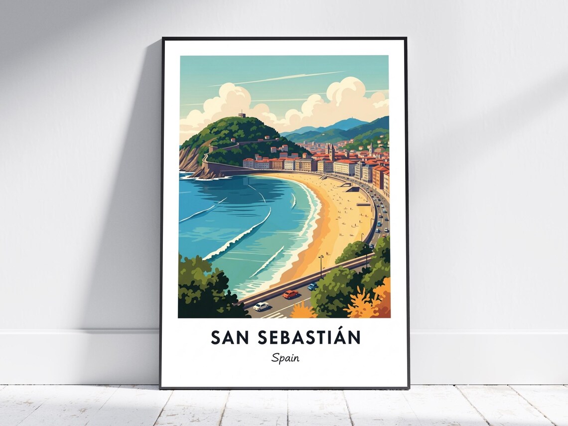 San Sebastian Spain La Concha Beach Bay Sunny Vintage Travel Poster