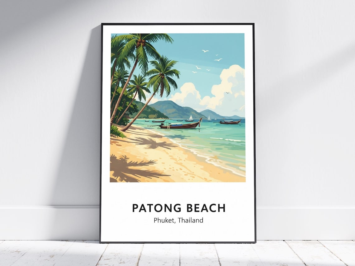 Patong Beach Phuket Thailand Palm Longtail Boats Travel Poster
