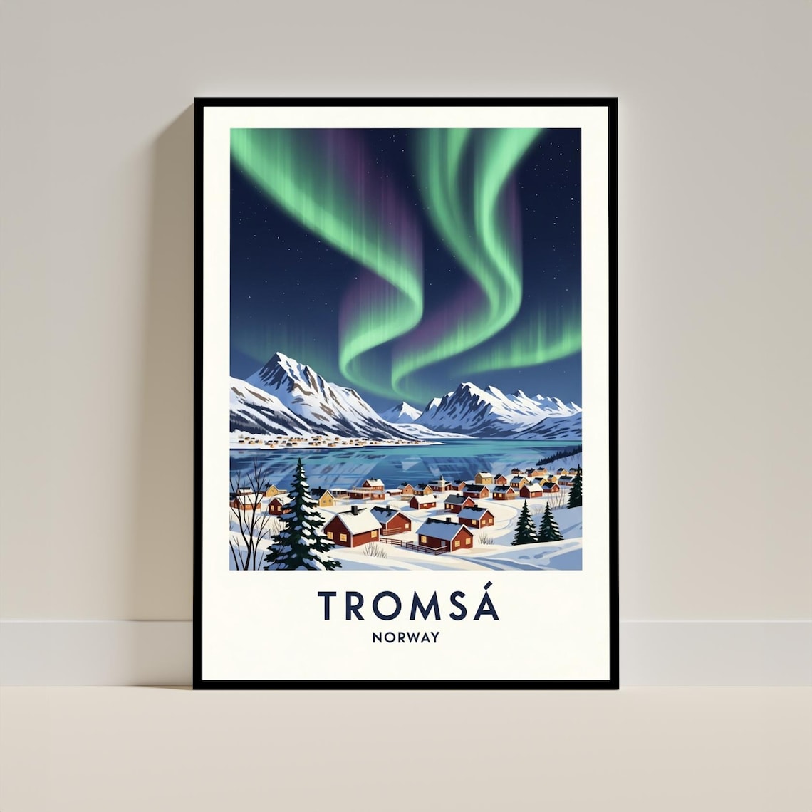 Tromsá Norway Northern Lights Aurora Snowy Village Travel Poster