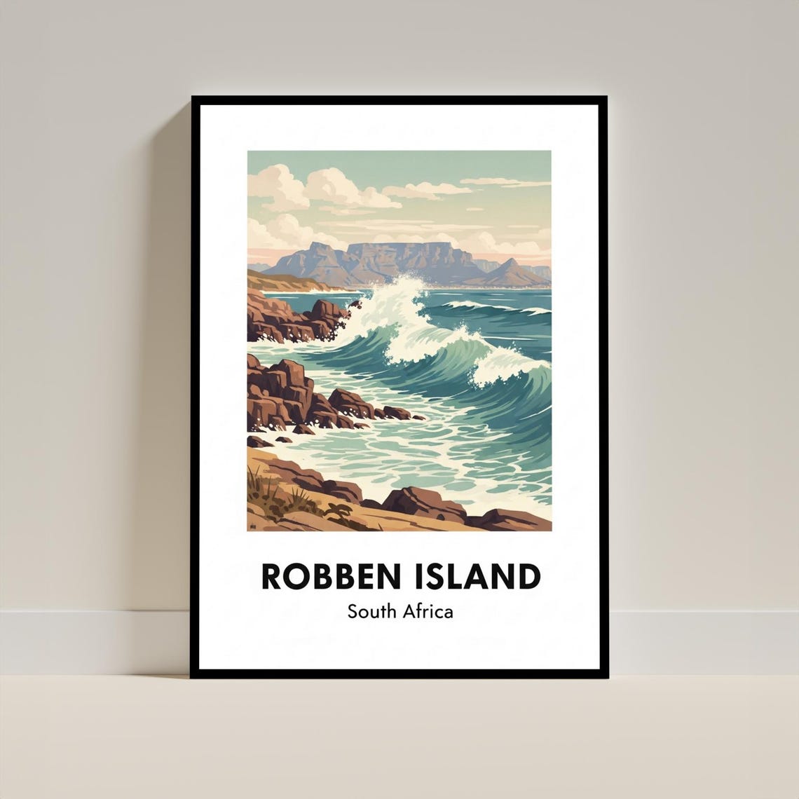 Robben Island South Africa Waves Table Mountain Vintage Travel Poster