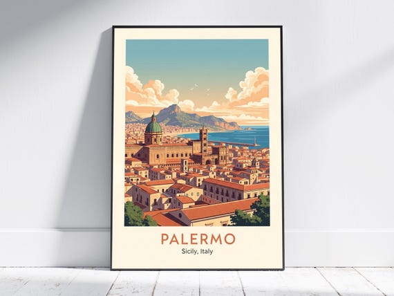 Palermo Vintage Travel Art Print Orange Teal Cityscape Mediterranean Wall Decor For Living Room Office Italian Coastal View