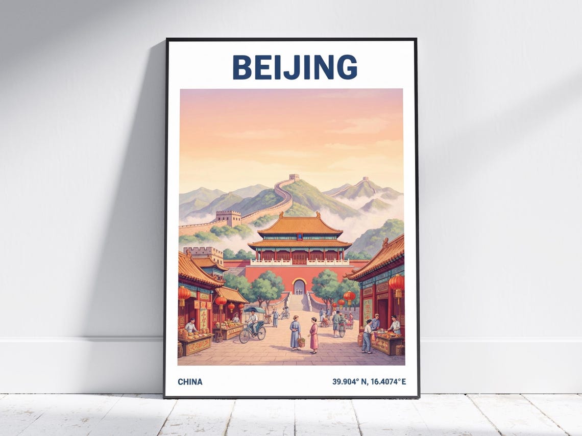 Beijing China Forbidden City Great Wall Vintage Travel Poster