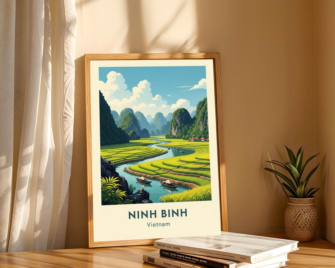 Ninh Binh Vietnam Rice Terraces River Boats Travel Illustration Poster