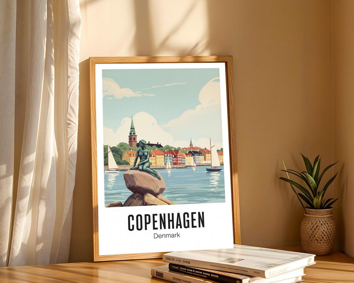 Copenhagen Denmark Little Mermaid Statue Harbor Travel Poster