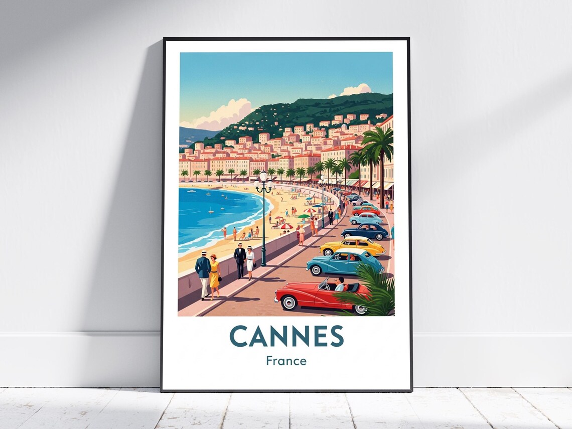 Cannes France Riviera Beach Promenade Cars Vintage Travel Poster