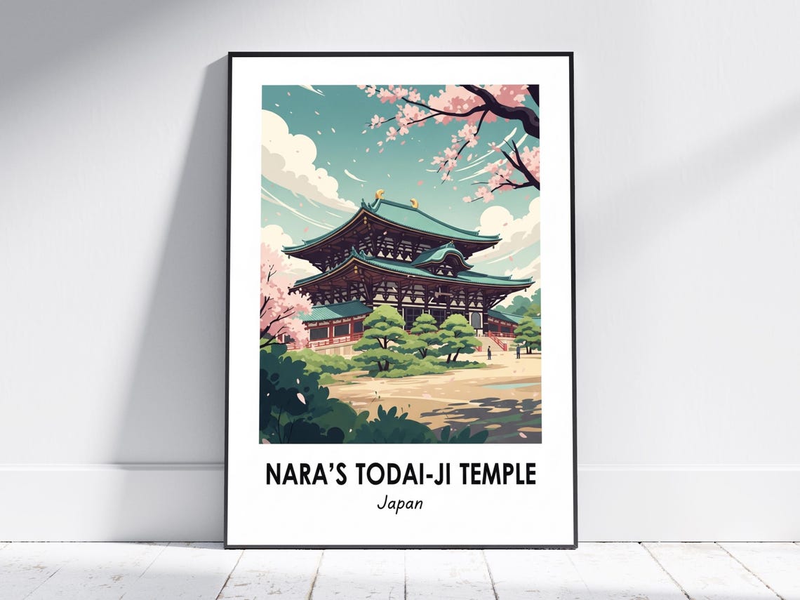 Nara Todai Ji Temple Japan Cherry Blossom Spring Travel Poster