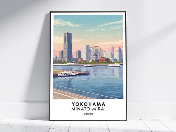 Yokohama Minato Mir Poster Pink And Blue Teal Peach Cityscape Japanese Urban Art Modern Travel Decor For Office