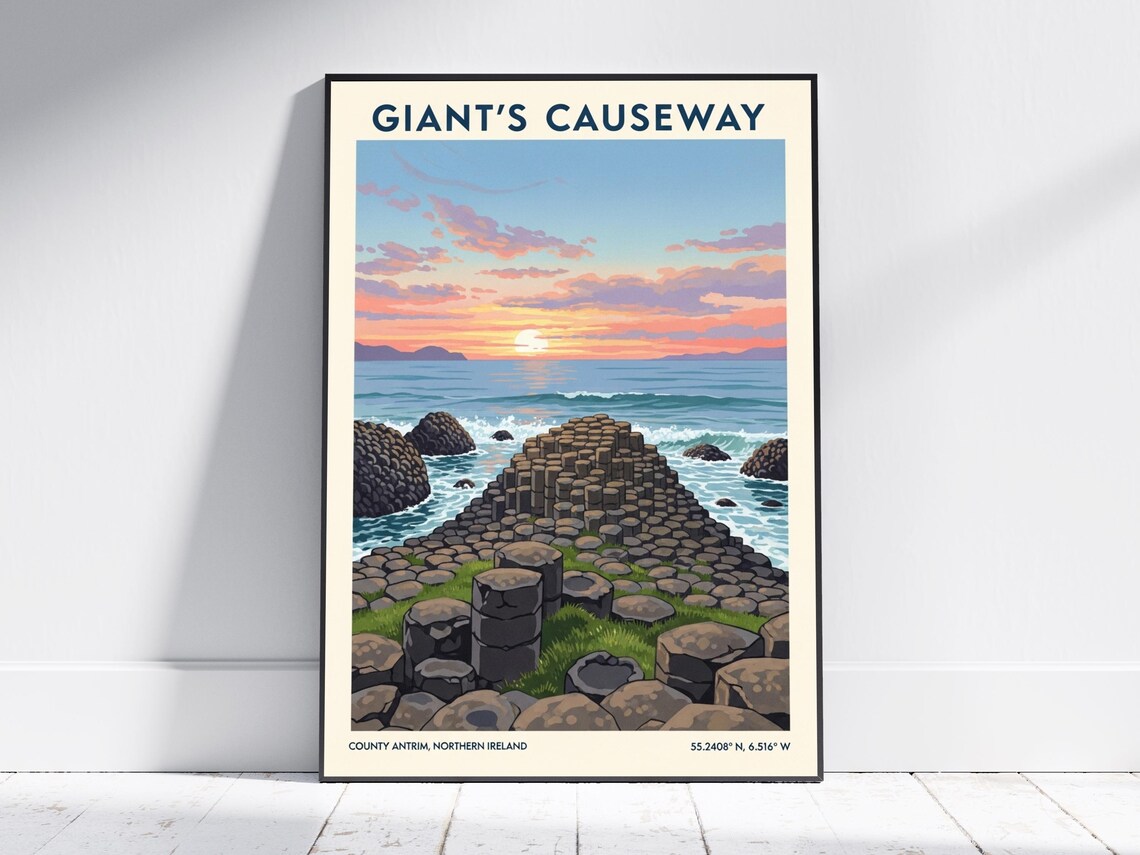 Giants Causeway Northern Ireland Sunset Vintage Travel Art Poster