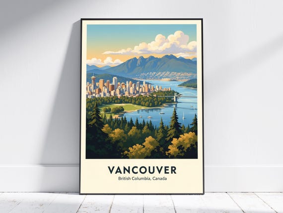 Vancouver Cityscape Art Blue Green Retro Illustration Pacific Northwest Travel Poster Coastal View Print For Living Room Or Office