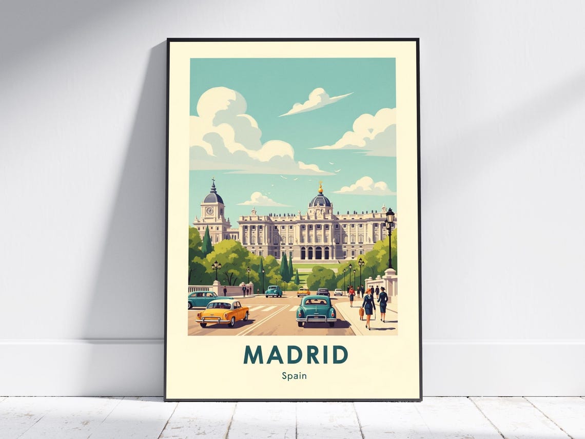 Madrid Spain Royal Palace Classic Cars Retro Vintage Travel Poster