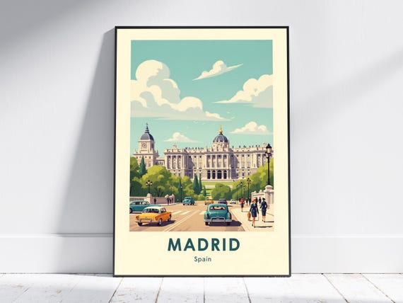 Madrid Architecture Print Teal Yellow Vintage Poster Retro Cityscape Illustration Midcentury Art For Living Room Or Office