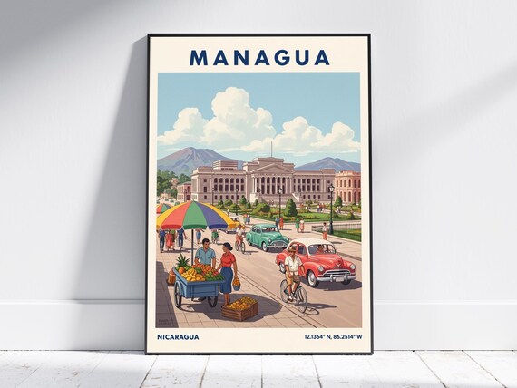 Managua Nicaragua Street Market Cathedral Volcano Vintage Travel Poster