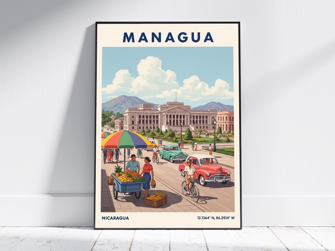 Managua Nicaragua Street Market Cathedral Volcano Vintage Travel Poster