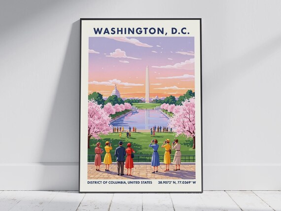 Washington DC Cherry Blossom Travel Poster Monument Vintage Capital Art