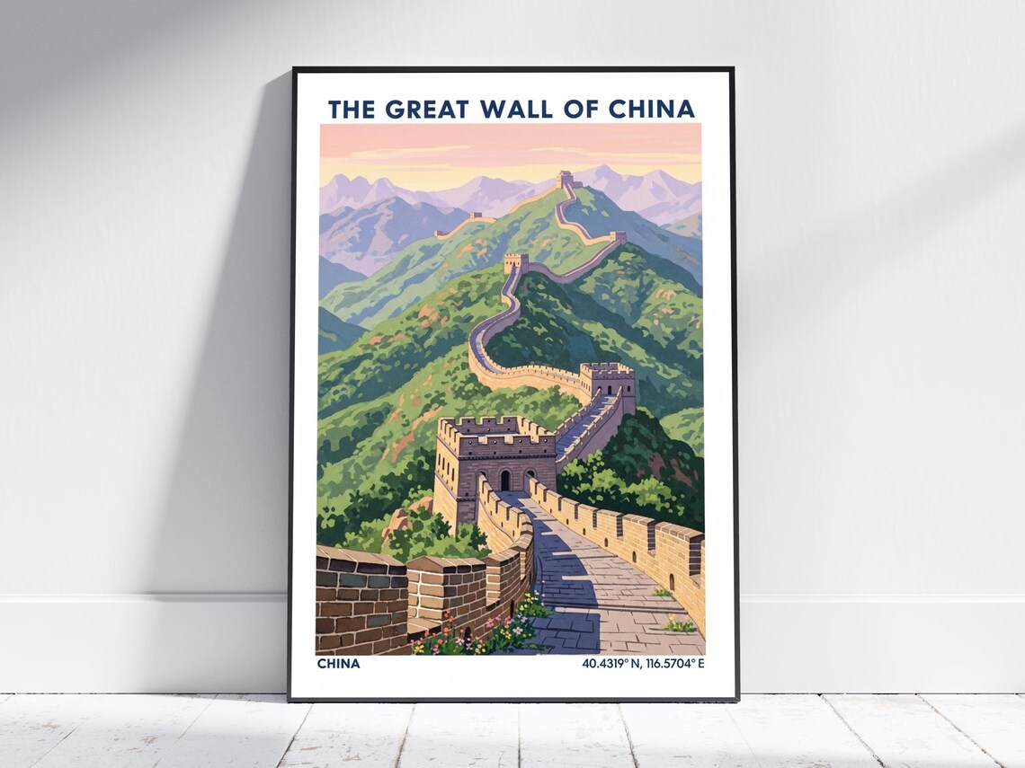 The Great Wall of China Mountain Ridge Vintage Travel Poster