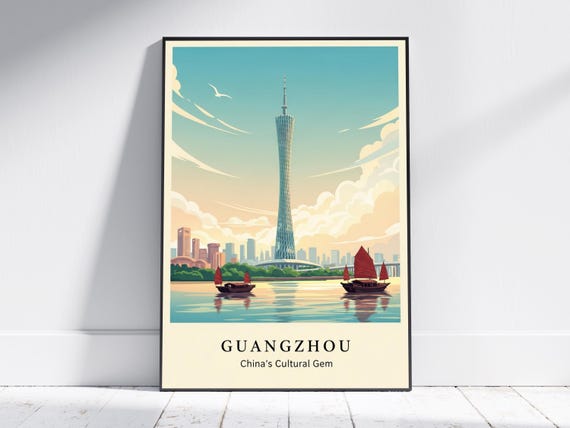 Guangzhou Canton Tower Art Print Teal And Pastel Pink Decor China Skyline Illustration Modern Travel For Living Room