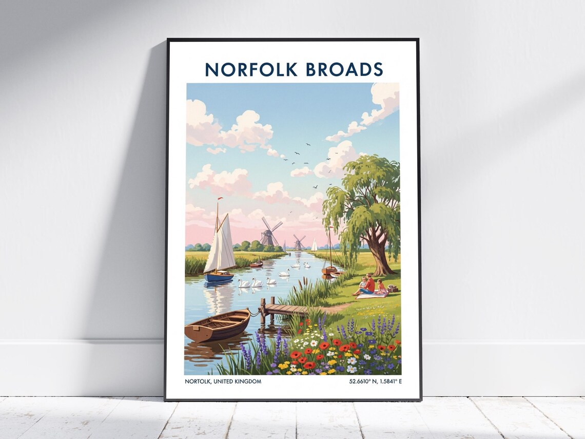 Norfolk Broads Windmills and Sailboats Vintage Travel Poster
