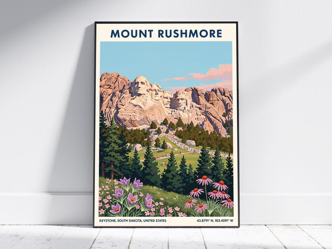 Mount Rushmore Keystone South Dakota Vintage Landmark Travel Poster