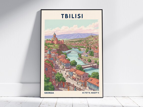 Tbilisi Georgia Old Town Fortress River Bridge Vintage Travel Poster City
