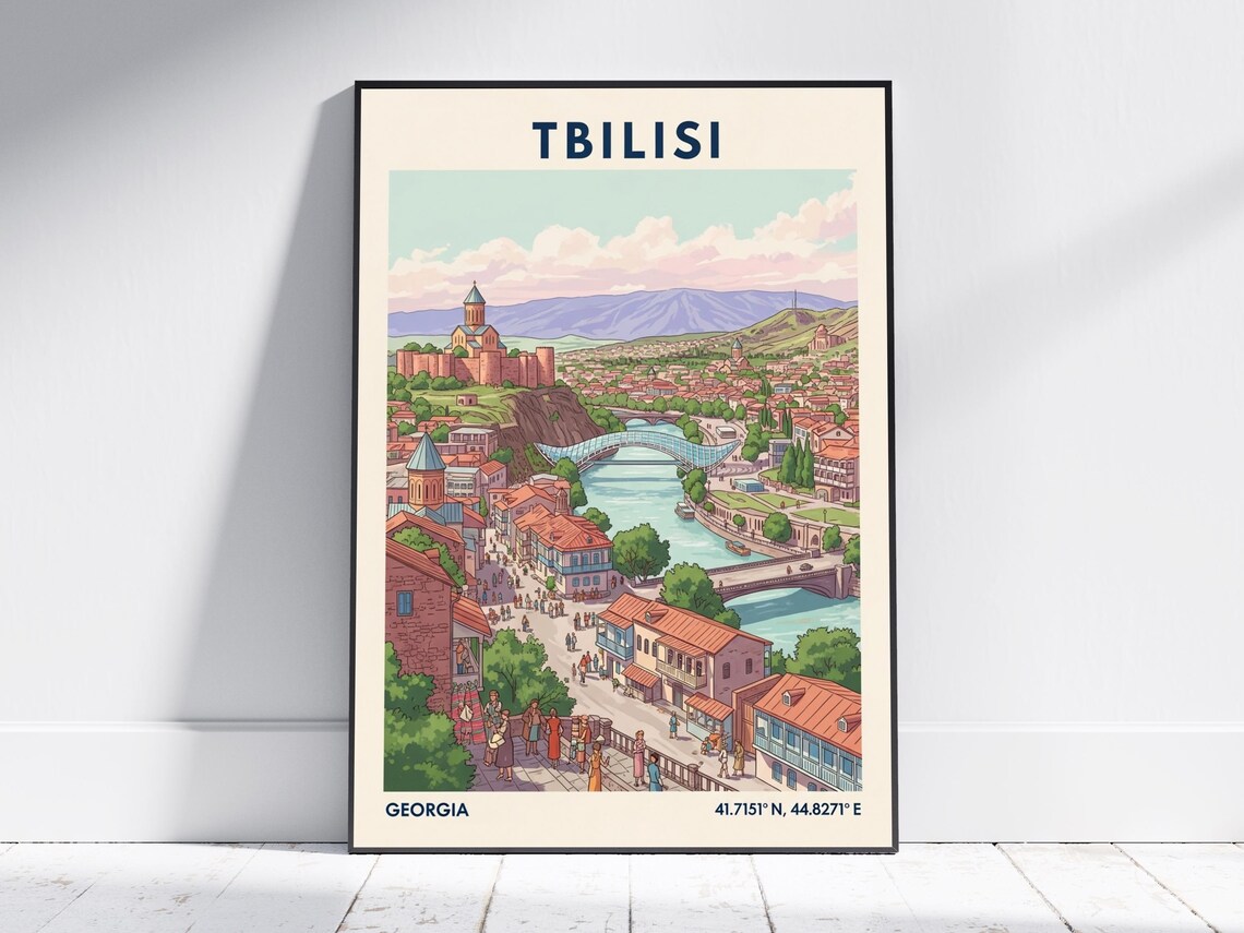 Tbilisi Georgia Old Town Fortress River Bridge Vintage Travel Poster City