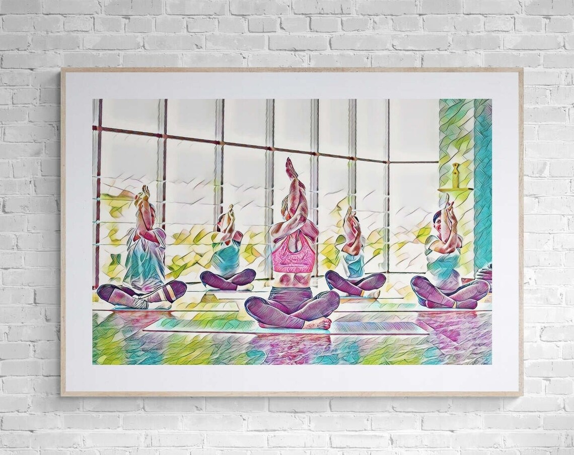 Yoga Class Watercolor Five People in Eagle Pose Wellness Print