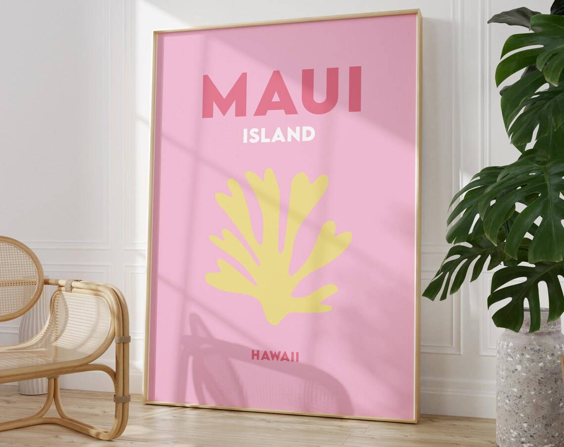 Maui Island Hawaii Hot Pink Travel Poster Yellow Coral Motif