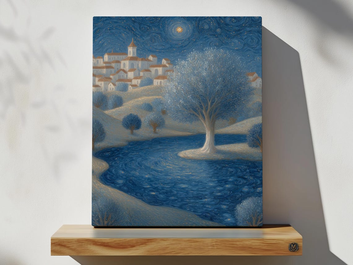 Starry Night Riverside Village Swirling Blue Sky Canvas Poster