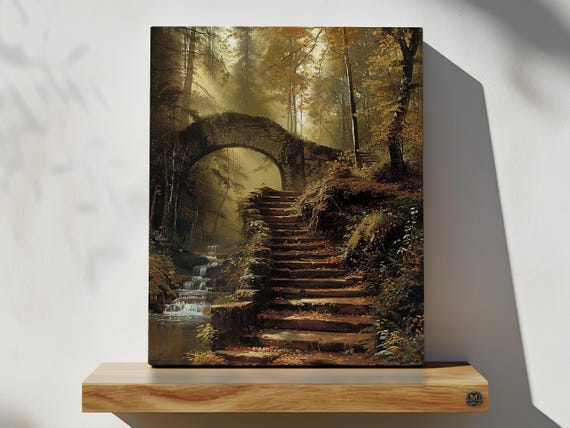 Overgrown Stone Stairs And Bridge Print On Canvas Or Premium Archival Paper Fall Stream Autumn Forest Ruins Painting Home Decor