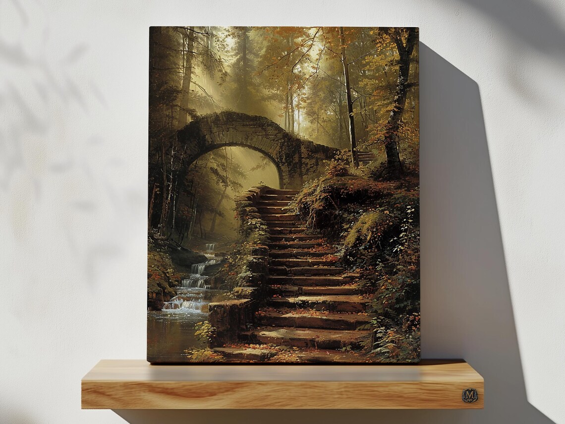 Overgrown Stone Stairs And Bridge Autumn Forest Painting Poster