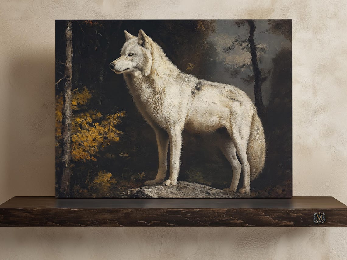 White Wolf Standing In Moody Dark Forest Oil Painting Poster