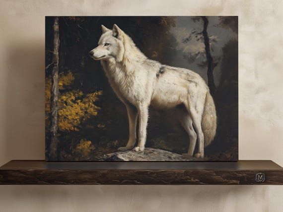 White Wolf Dark Academia Print On Canvas Or Premium Archival Paper Moody Atmospheric Art Wildlife Painting Home Decor
