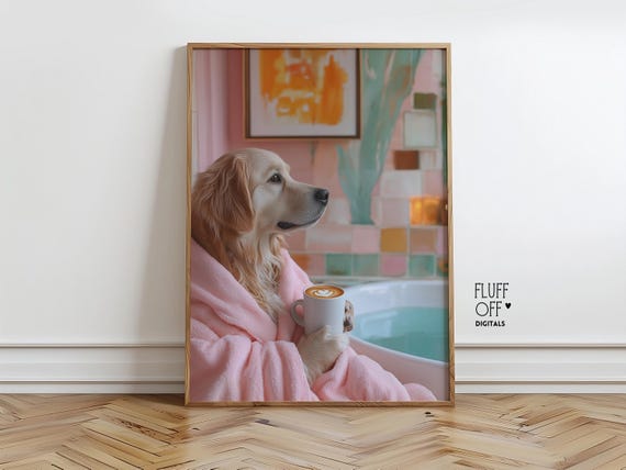 Cute Golden Retriever In Bathrobe With Latte Playful Bathroom Wall Art Cozy Spalike Decor Animal Illustration 76