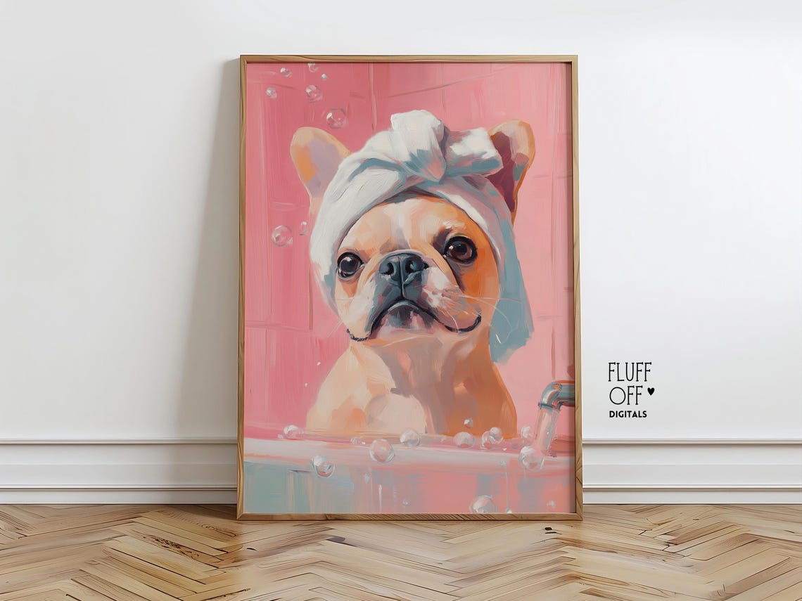 French Bulldog In Bubble Bath With Towel Cute Pink Bathroom Art Poster