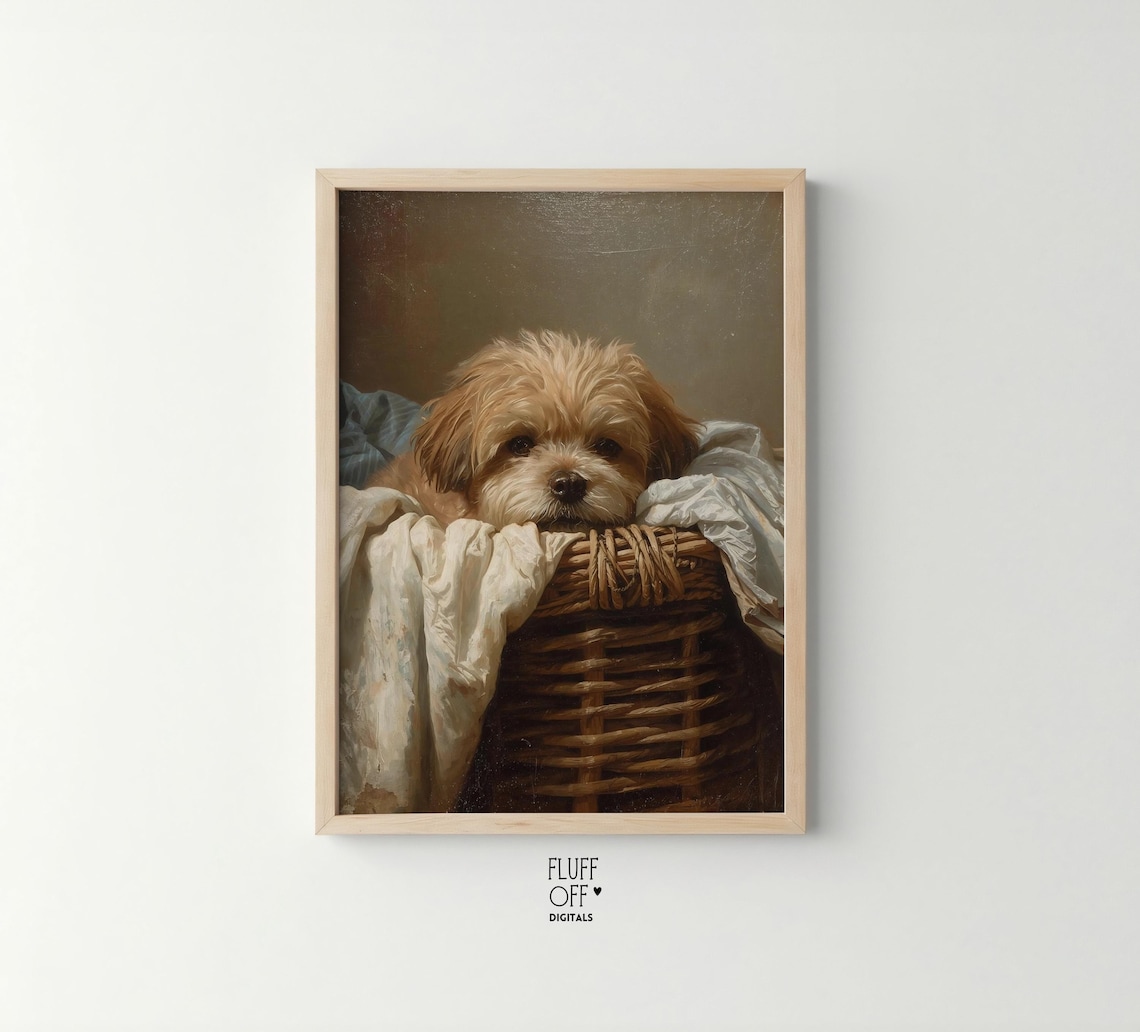 Vintage Puppy In Wicker Basket, Dog Portrait Art Print