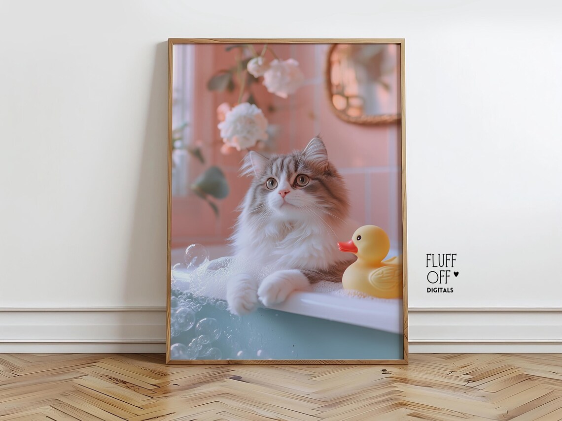 Fluffy Cute Cat in Bubble Bath with Rubber Duck in Pink Bathroom Poster