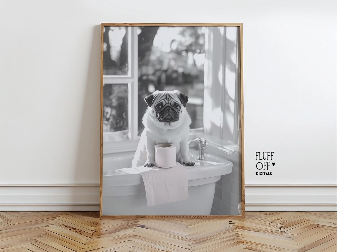 Cute Pug In Bathtub Black And White Minimalist Bathroom Dog Poster