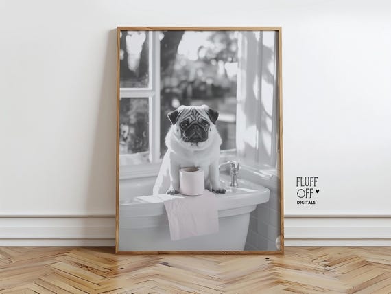 Cute Pug In Bathtub Print Vintage Black And White Portrait Cozy Bathroom Decor Minimalist Art Instant Wall 70