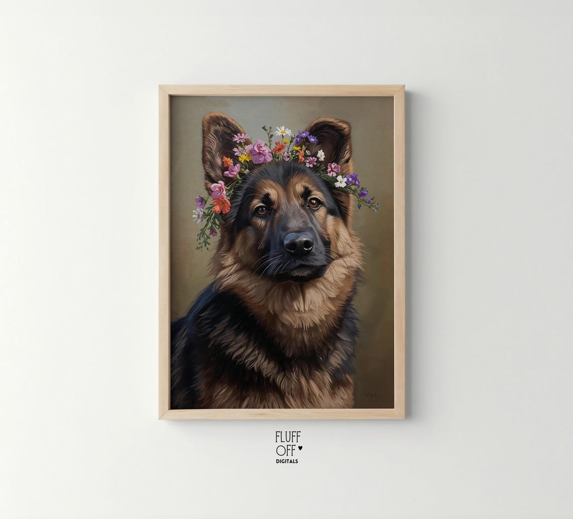 German Shepherd Flower Crown Portrait Dog Art Poster Painting