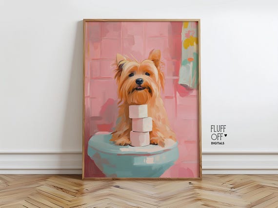 Cute Dog Sitting On Toilet Print Pastel Bathroom Art Quirky Pet Portrait Funny Wall Decor Soft Illustration 79