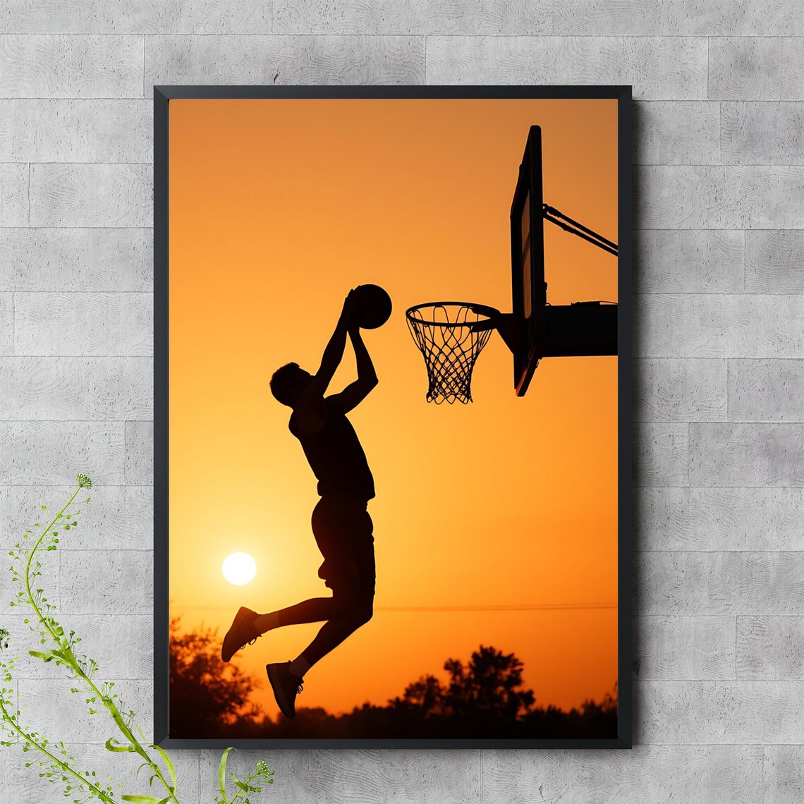 Basketball Player Dunk Silhouette Sunset Orange Hoop Sports Poster