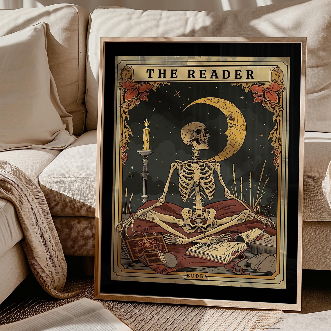 The Reader Tarot Print Skeleton Card Wall Art Book Lover Gift Witchy Reading Nook Bookish Library Decor