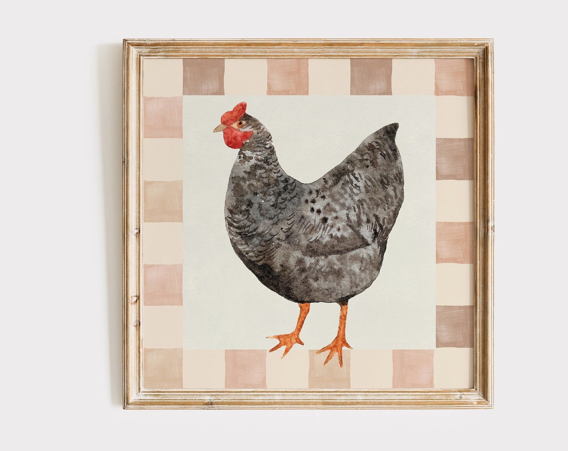 Black Speckled Chicken Watercolor On Checkered Farmhouse Poster