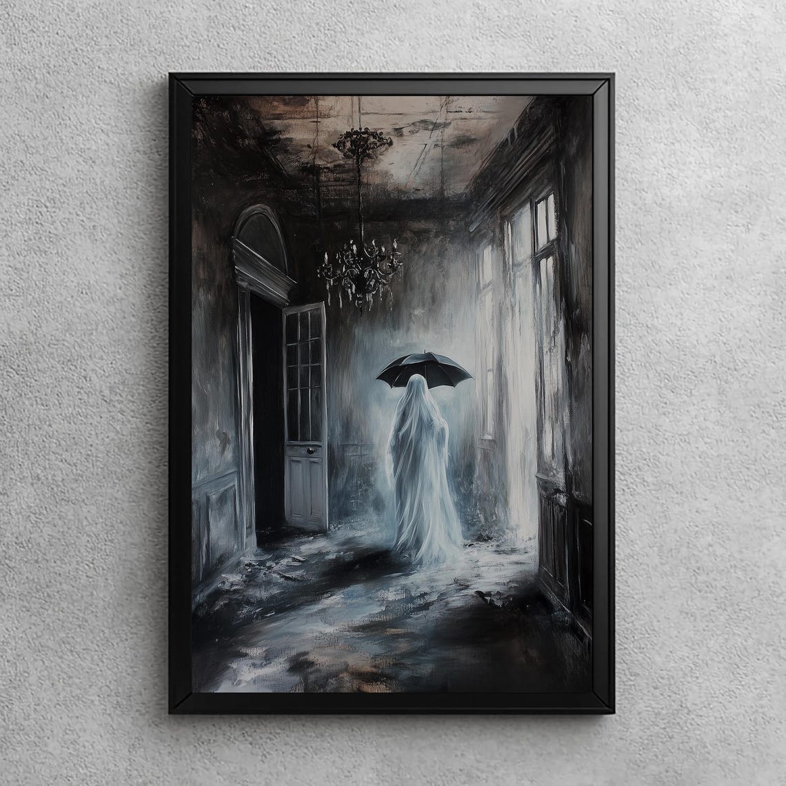 Victorian Ghost Woman Umbrella Haunted Manor Hallway Gothic Wall Art