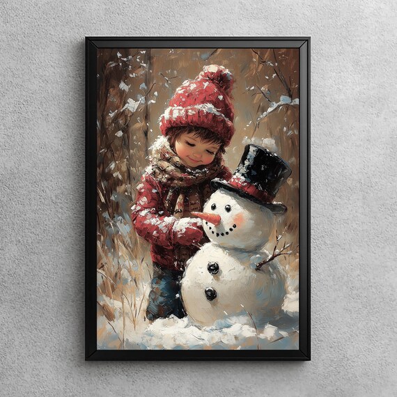 Little Girl Hugging a Snowman in Falling Snow Christmas Poster