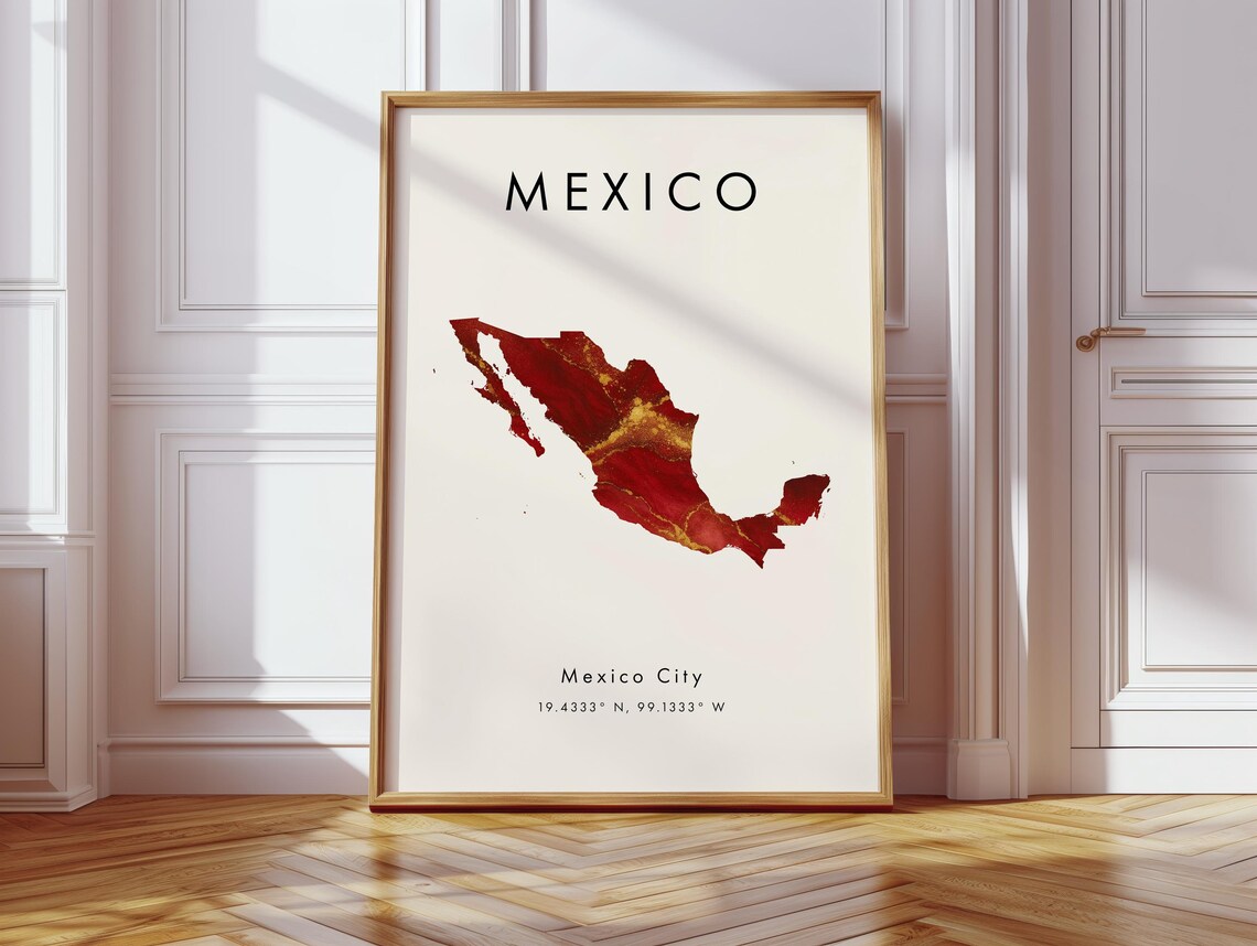 Mexico Map Poster Red And Gold North America Wall Art Print Home Decor Geography Gift Wallpaper